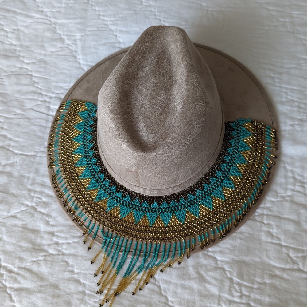 Beige Hat with Beaded Art
